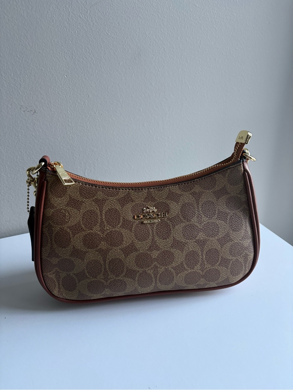 Coach Mini Shoulder Bag in Brown Signature Canvas with Tan Trim